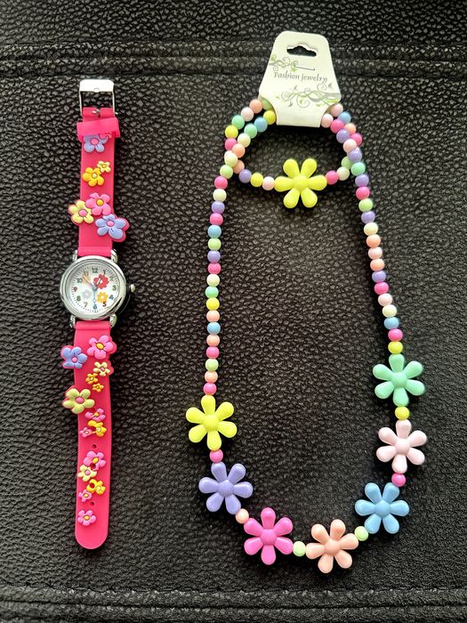 Relógio (Rosa ou Roxo) + Colar + Pulseira Flores NOVO