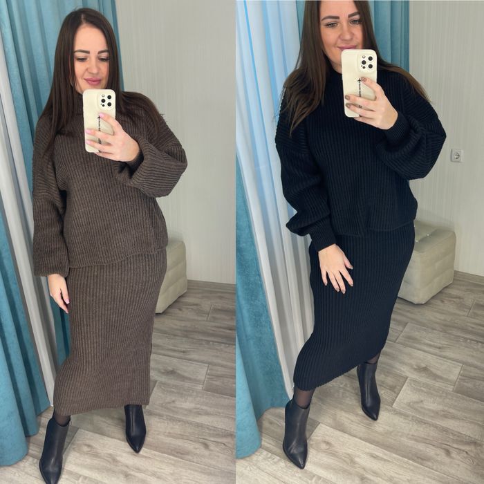 Акция!!!Женский теплый вязаный костюм свитер+юбка Жіночий костюм 42-50