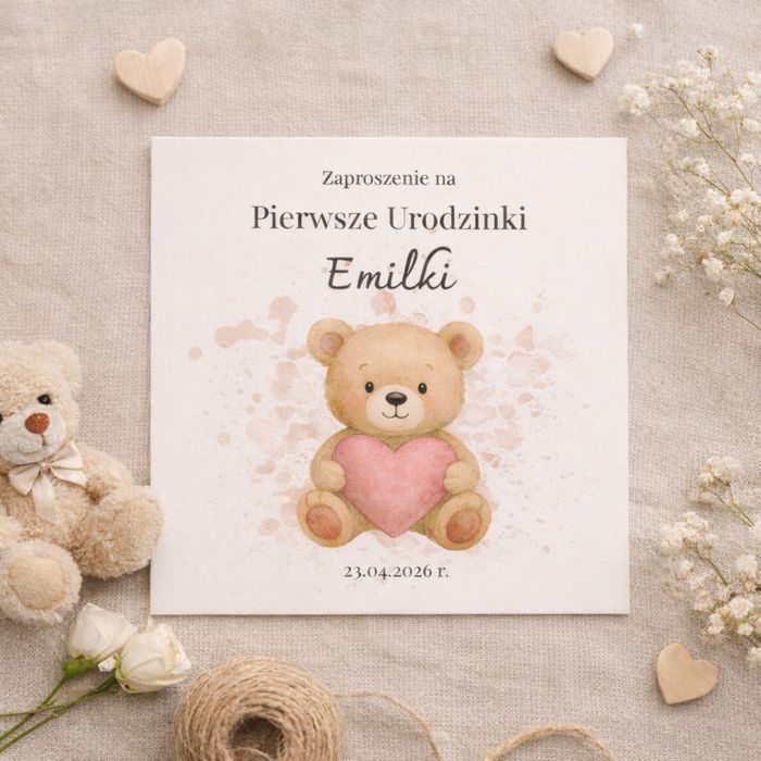 Zaproszenie na roczek z misiem - personalizowane kwadratowe