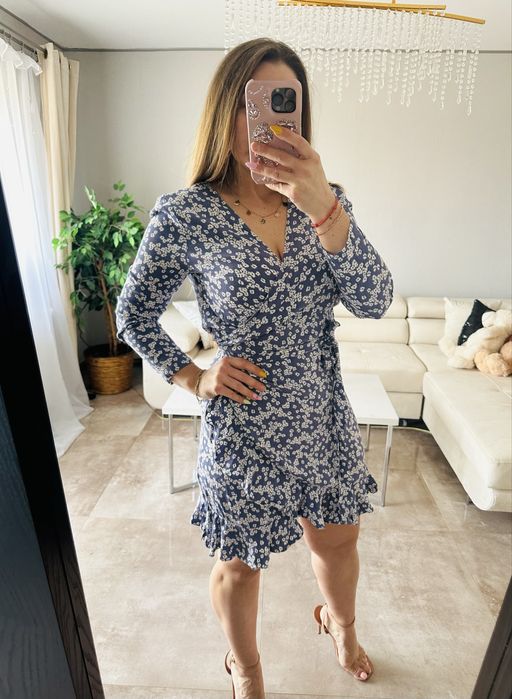 Kopertowa midi sukienka w kwiaty, falbanka, wiskoza, S, M, L