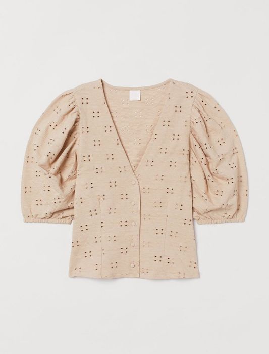H&M beżowa haftowana bluzka XL bufiasty rękaw