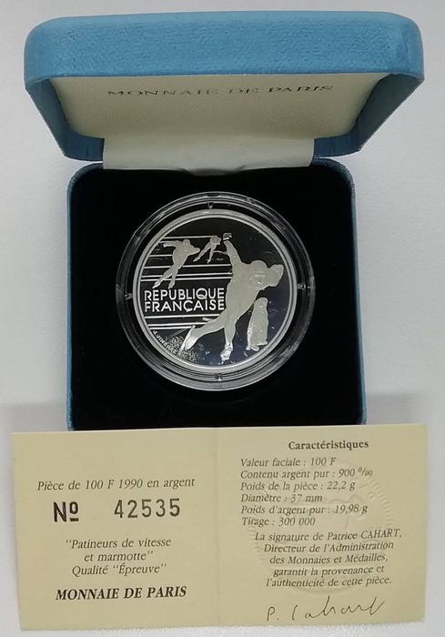 Франція 100 франків 1990р. СРІБЛО. ПРУФ. Олімпіада. Ковзани.