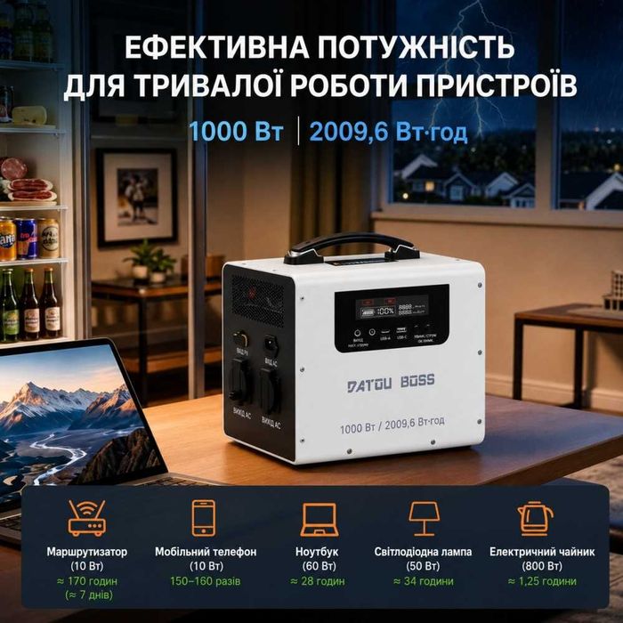 LiFePO4 Зарядна станція Datouboss JC-1020 2009.6 Вт·год | 1000 Вт | Чиста синусоїда | UPS