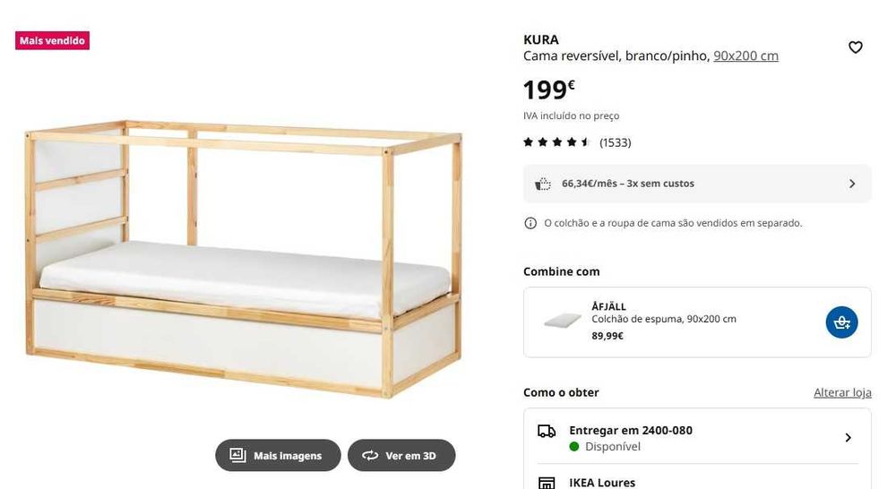 Cama IKEA KURA + Colchão AFJÄLL 90x200 – Conjunto 100€