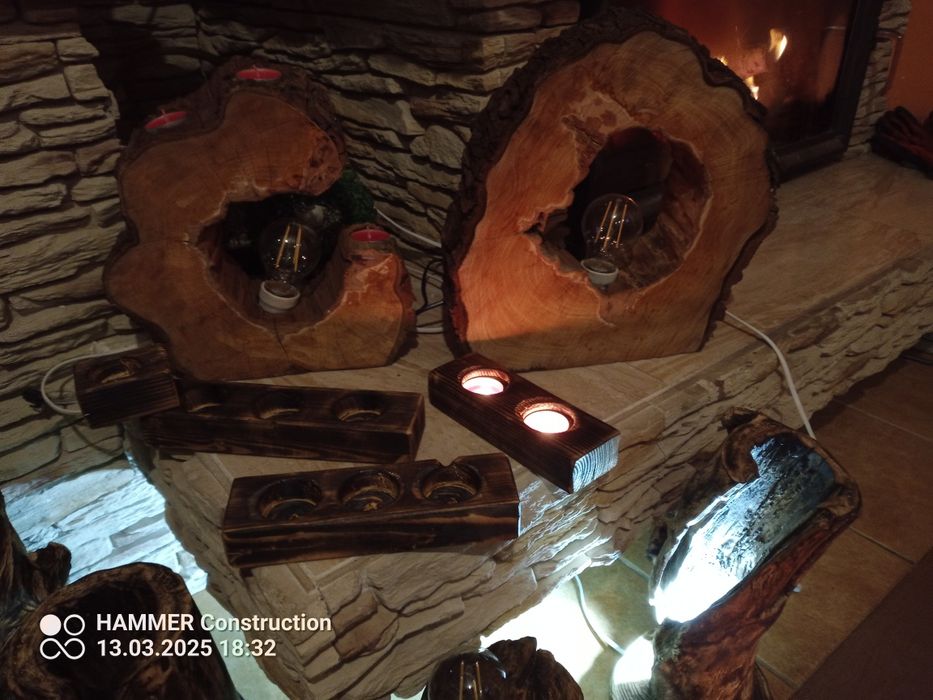 Lampki nocne świeczniki ze starego drewna