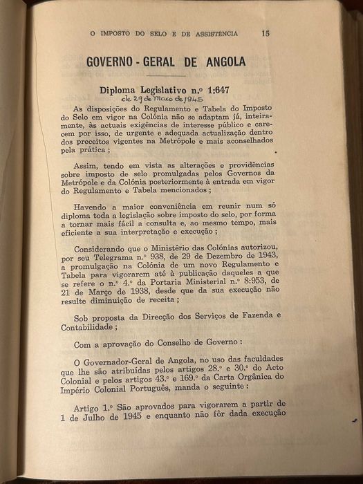 O IMPOSTO DO SELO E DE ASSISTÊNCIA - ANGOLA 1951 -Regulamento e Tabela