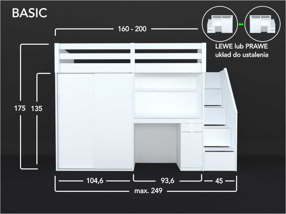 Łóżko antresola z szafą i biurkiem MARY BASIC