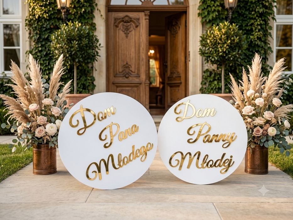 Eleganckie tablice ślubne "Dom Panny Młodej" / "Dom Pana Młodego" - Złote napisy (Glamour / Boho)