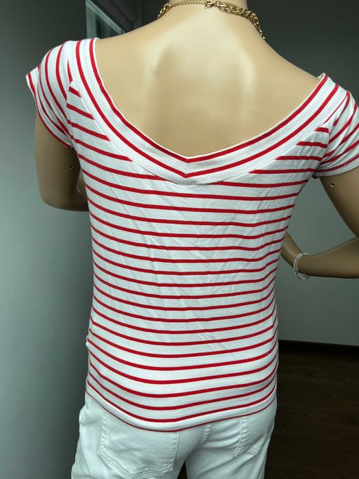 Bluzka Primark Odkryte Ramiona Bawełna, Rozm. S-M biało-czerwone paski
