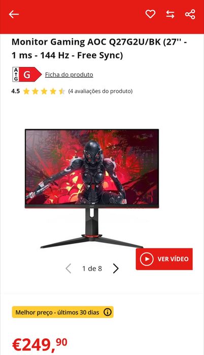 Monitor AOC 27'' - 1 ms - 144 Hz - QHD - 2560x1440p - Free Sync