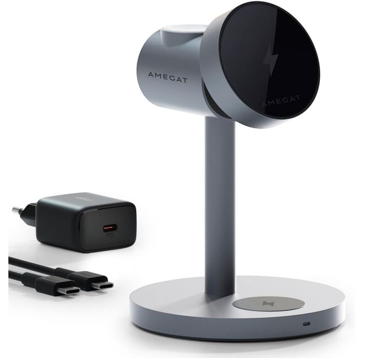 AMEGAT Carregador magnético sem fios 3 em 1, certificado Qi2 de 15 W