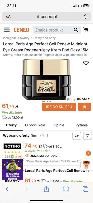 Loreal Paris Age Perfect Cell Renew Midnight Eye Cream Regenerujący Krem Pod Oczy 15Ml