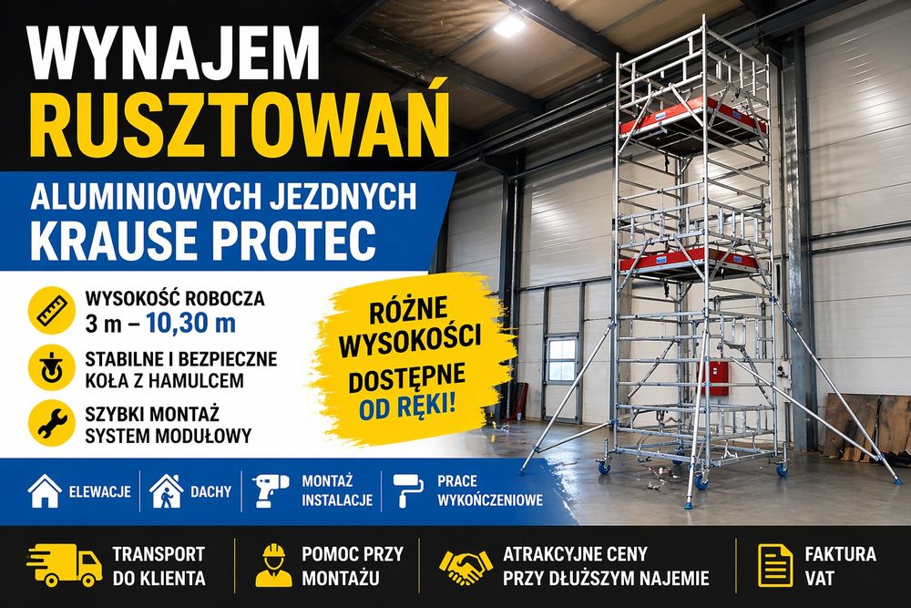 Wynajem rusztowań aluminiowych jezdnych –  (różne wysokości)