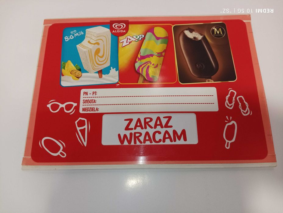 Algida - zamknięte - otwarte - zaraz wracam - tablica Unilever Polska