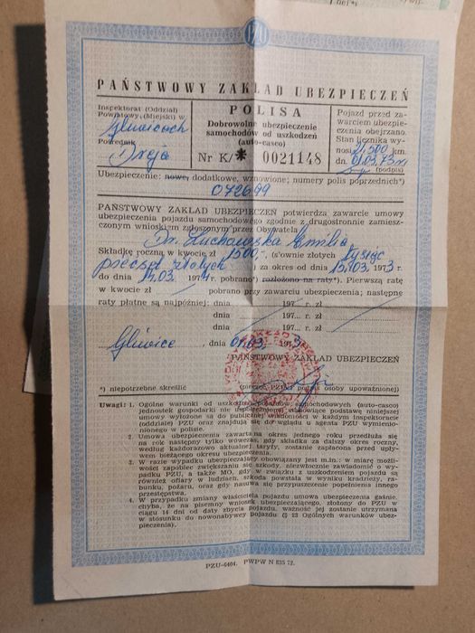 stary dokument prl plisa samochodowa  pzu 1973 rok