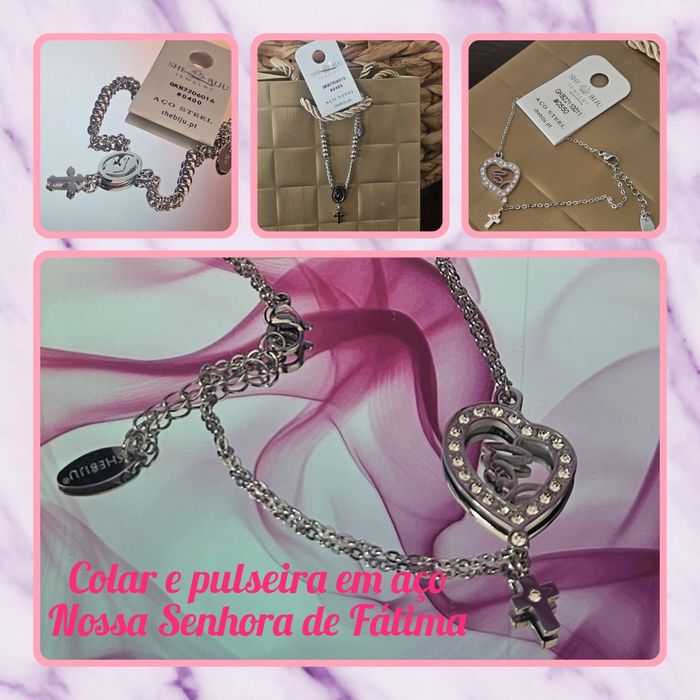 Conjunto em aço prateado colar e pulseira Nossa Senhora de Fátima