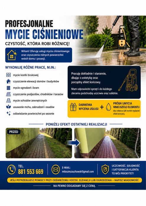 Mycie kostki brukowej, elewacji i powierzchni wokół budynkow