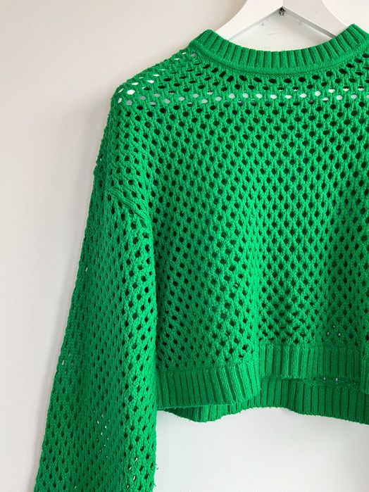 Ażurowy crop top krótki zielony dzianinowy szerokie rękawy XL