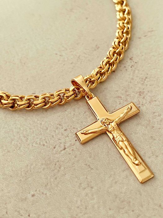 Позолоченная Цепочка "Плетение Бисмарк" + Крестик, Цепь. Позолота