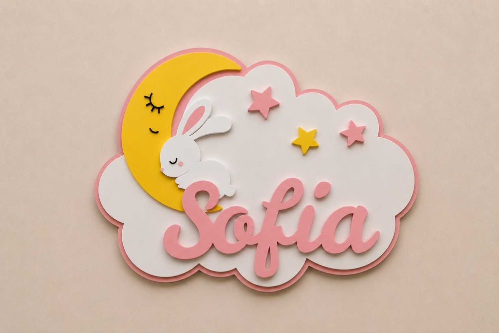 Placa Personalizada com Nome para Quarto de Bebé – Coelho e Lua 3D