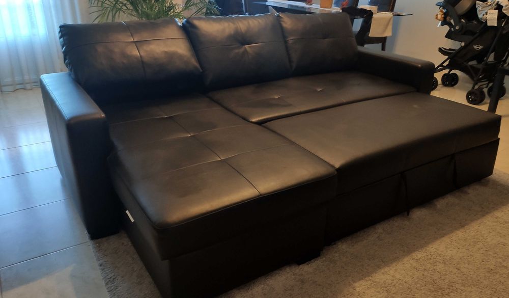 Sofá-Cama Chaise long reversível (direito/esquerdo) c/ arrumação Preto