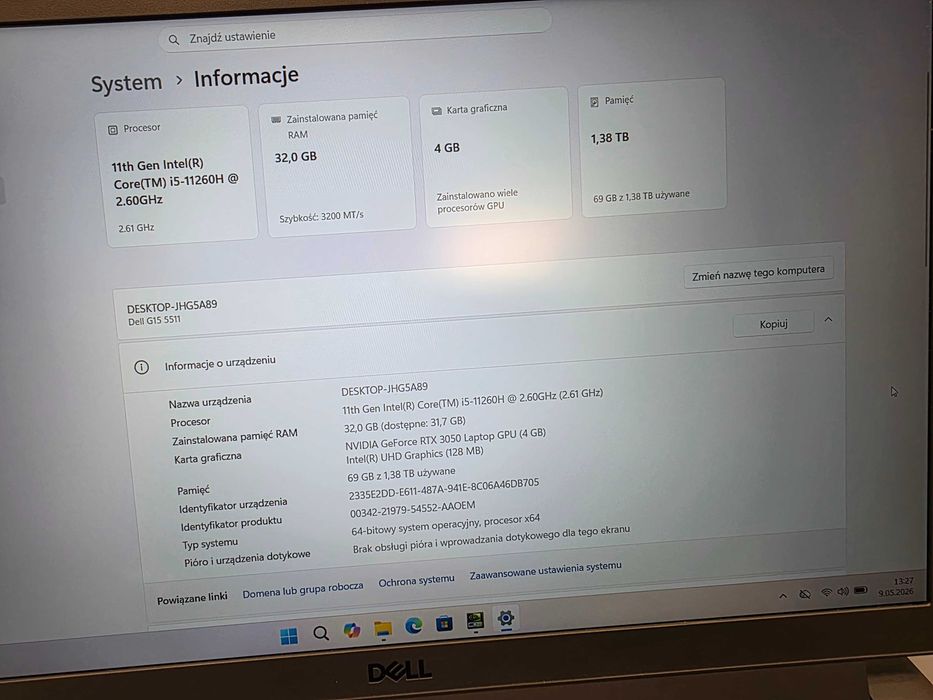 DELL G15 5511/ i5-11260H 2.60 GHz/ 32GB DDR4 3200 MHz/ 512GB M2 + 1TB M2!/ RTX 3050 4GB/ 15.6" FHD 120 Hz/ W11 Home/ GW 12 MSC