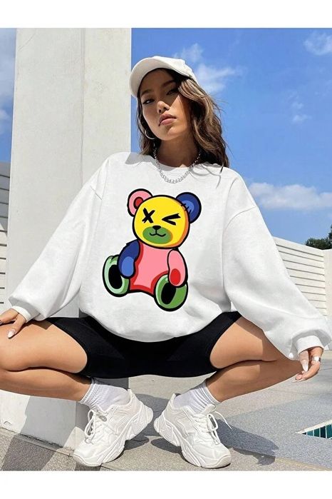 Biała bluza z kolorowym nadrukiem misia luźny krój xl 5ia