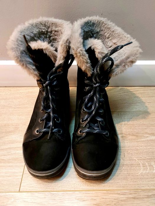 Czarne kozaki śniegowce CATWALK DEICHMANN 38 wiązane futerko zamsz