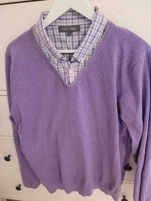 Sweter L M&S wstawka koszulowa lawendowy bawełna bdb