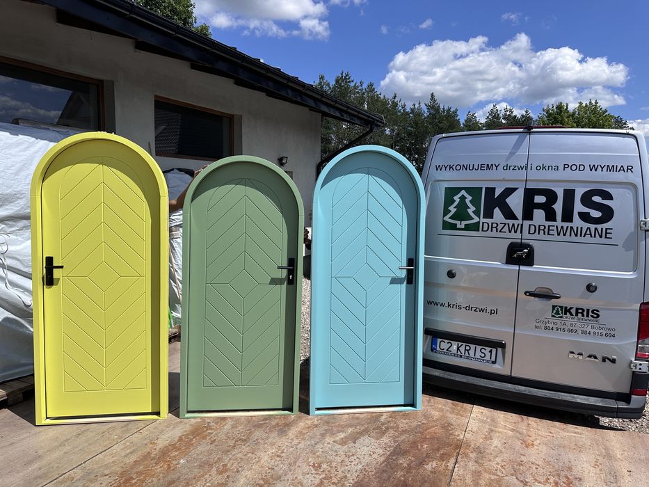 Drzwi zewnętrzne drewniane ŁUK Łukowe w Łuku Na Wymiar zielone białe