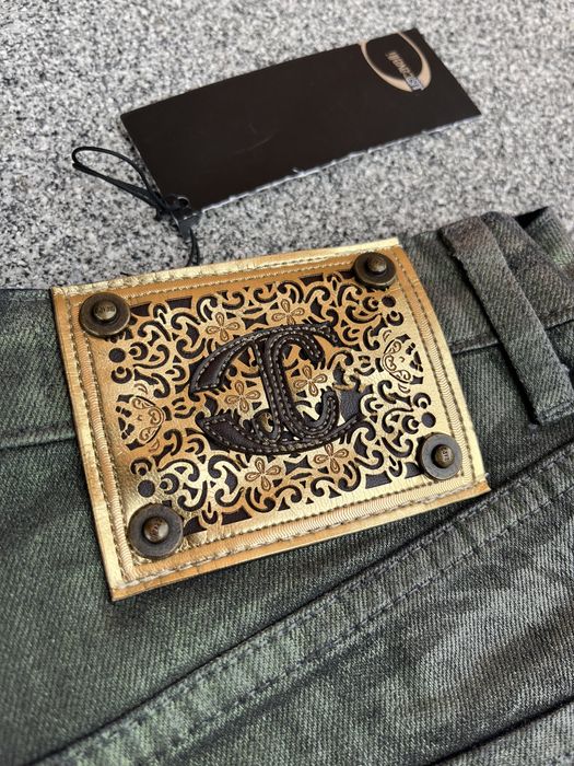 Roberto Cavalli nowe zielone woskowane spodnie rurki 26 40