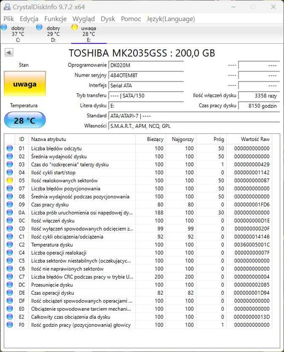 Dysk Toshiba MK2035GSS (HDD, 186 GB, 2,5", SATA)