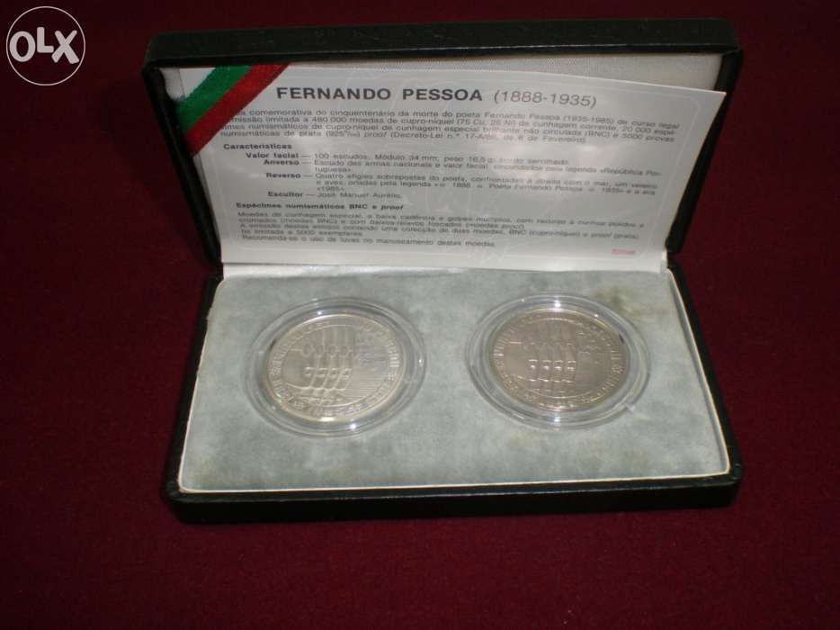 Estojo 2 Moedas "Fernando Pessoa" prata proof 1985