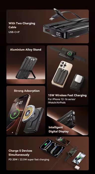 Power Bank ROCOREN 10000 mAh з MagSafe + Вбудовані кабелі + Підставка