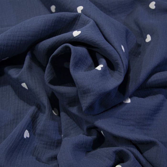 Муслін жатий, 2-шаровий, рулон ($3,3 за м/п), сердечка на синьому