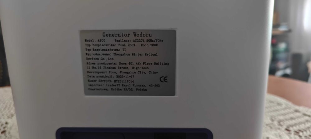 Generator wodoru A600 – inhalator wodoru 600 ml/min, SPE, 99,99% H2