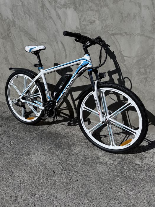 Rower elektryczny MTB biało niebieski 14Ah, bateria LG, napęd Shimano