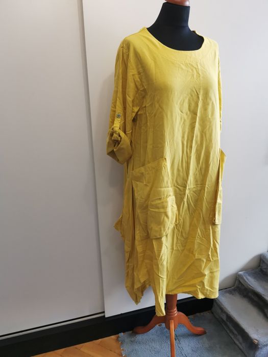 Piękna żółta asymetryczna sukienka oversize 100% Lyocell