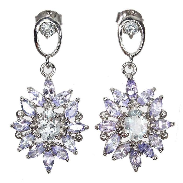 Серьги из 925 пробы с  овальным аквамарином  и танзанитом