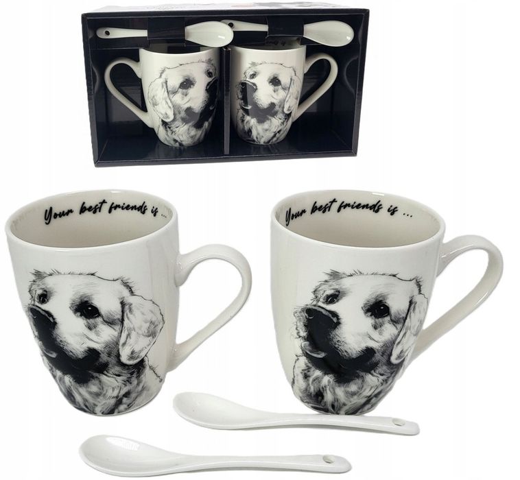 zestaw kubków kubek + łyżeczki porcelana pies labrador 2x 350ml.
