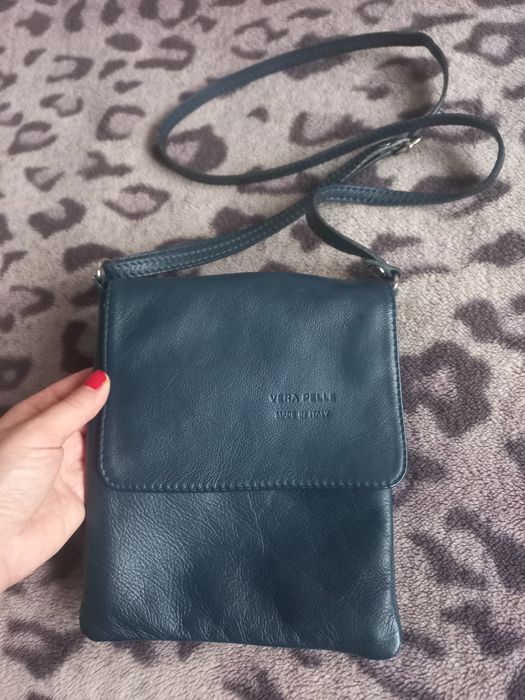VERA PELLE granatowa niebieska torebka torba skóra skórzana vintage