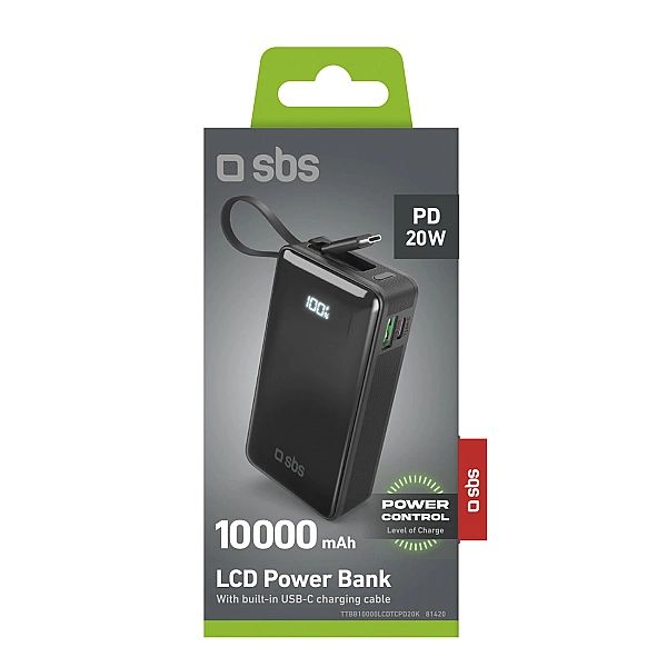 Powerbank SBS 10000 mAh 20W z wbudowanym kablem USB-C i wyświetlaczem