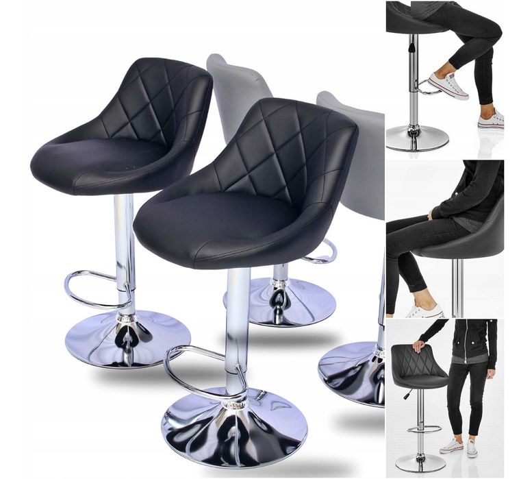 Hoker 1 Krzesło Barowe Obrotowe Skóra Loftowy Czarny Pikowany Stołek