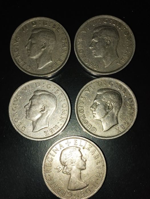 Moedas de Half Crown 1947, 1948, 1949, 1951 e 1960 Inglaterra