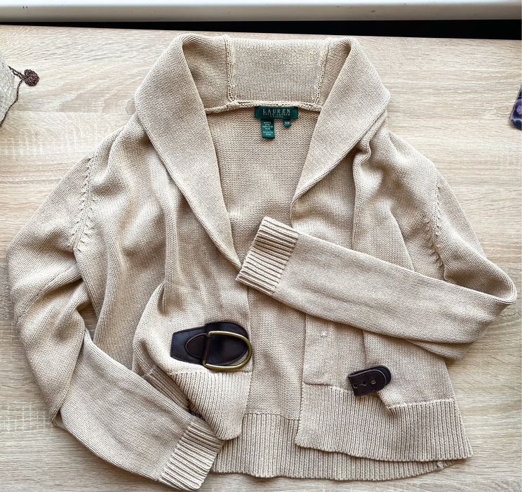 бежевий кардиган lauren ralph lauren зі шкіряною вставкою