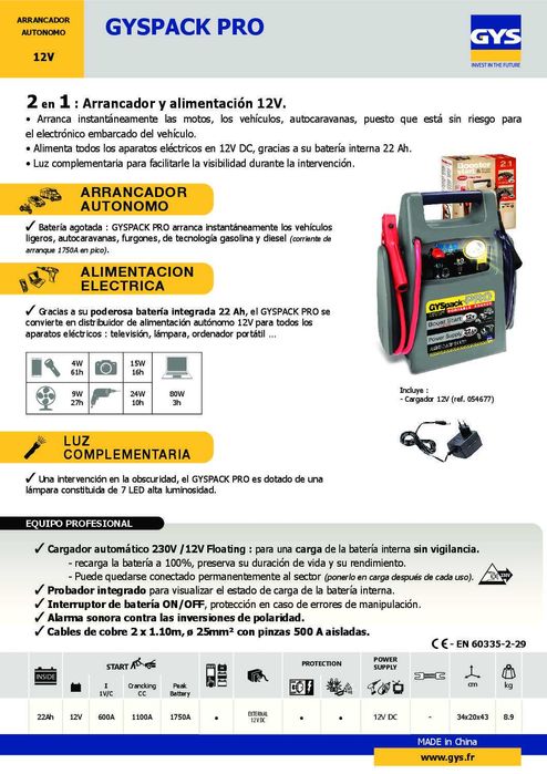 Booster GYSPACK PRO + carregador 12 V  1750 Amperes de arranque