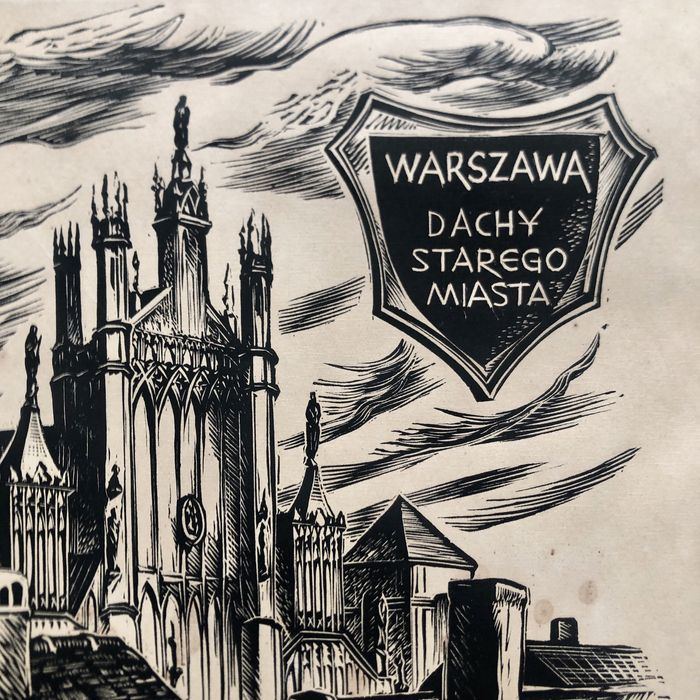 Drzeworyt grafika obraz Warszawa Stare Miasto Stanisław Raczyński