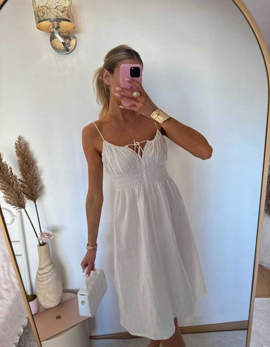 Biała bawełniana sukienka na ramiączkach MIDI maxi na lato letnia M