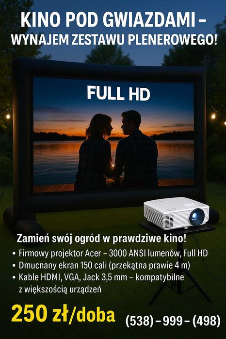 Kino plenerowe 150cali - projektor i ekran na twoja imprezę