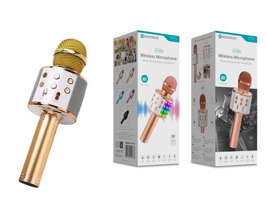 Microfone Bluetooth Sem Fios Dourado M-004 com Alto-Falante Integrado